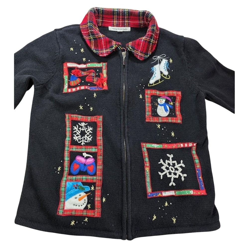 Mercer Street Studio Full Zip Cardigan Small Snowman Mittens Ice Skate Christmas